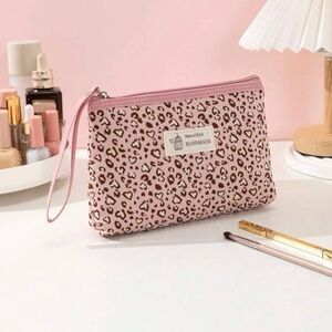 Light Pink Heart Leopard Print Cosmetic Bag With Handle
